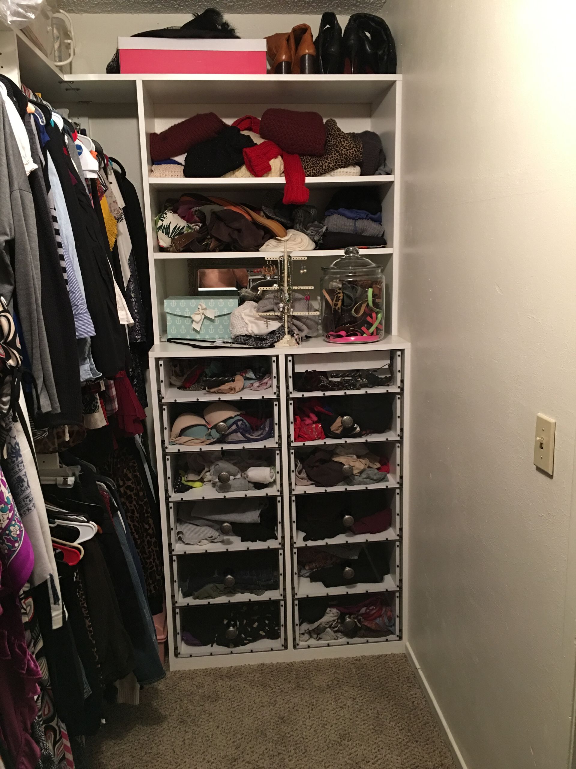 Closet with clothes on left, a white shelving unit with shoes and accessories. Carpeted floor.