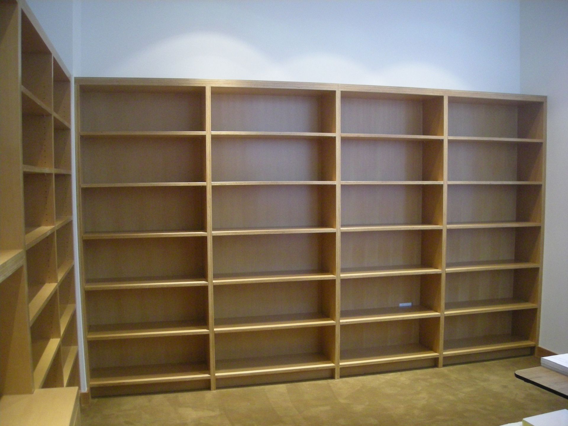 Empty wooden bookshelves against a white wall in a room with carpet.