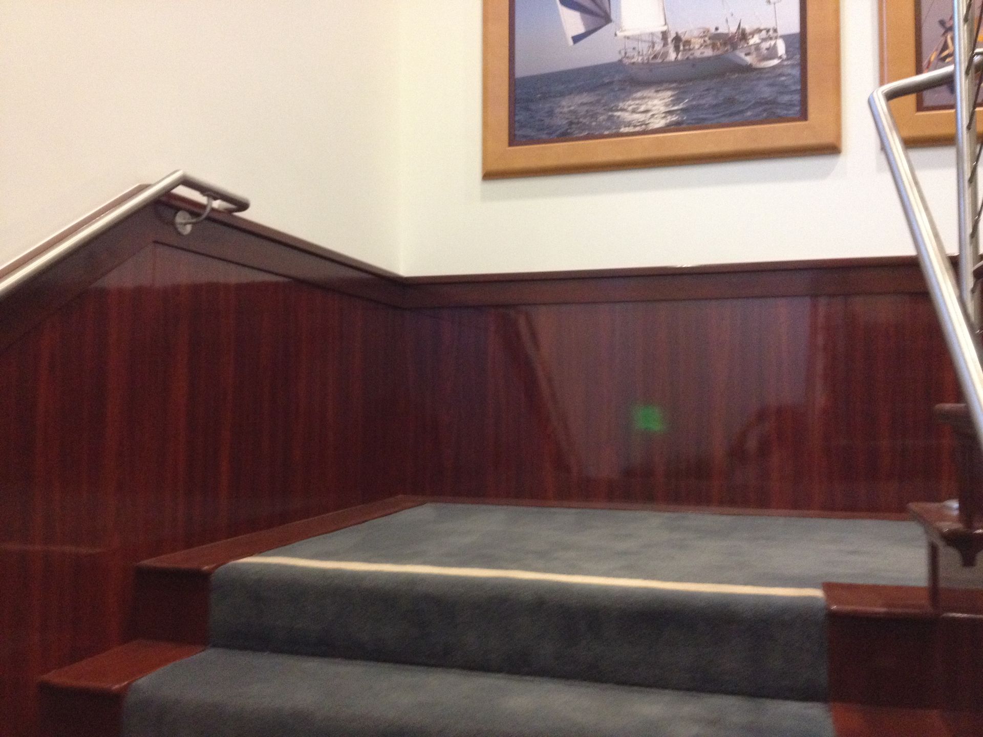 Steps with carpeted treads and wooden paneling leading to a framed nautical photo.