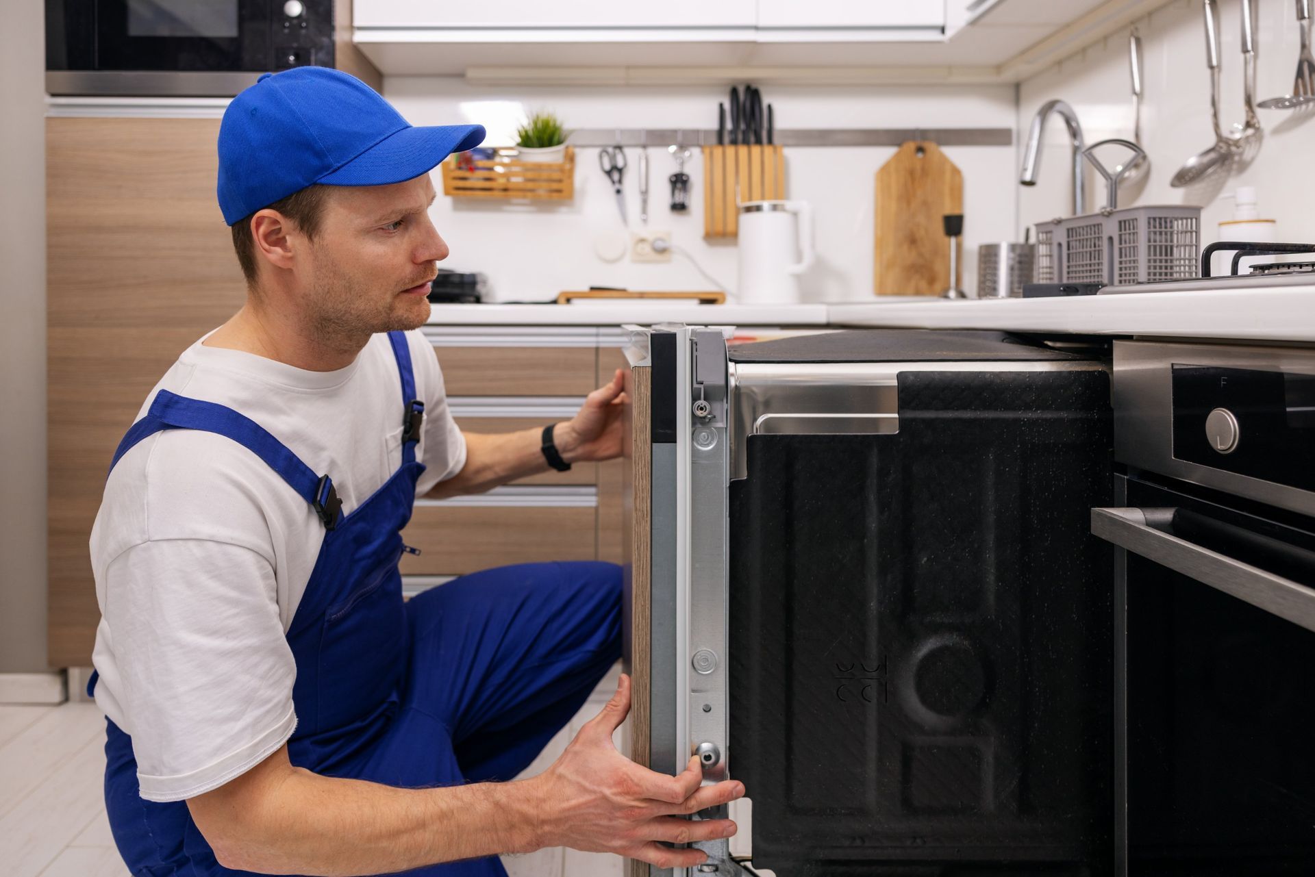 Technician in blue overalls installing a built-in oven in a modern kitchen
