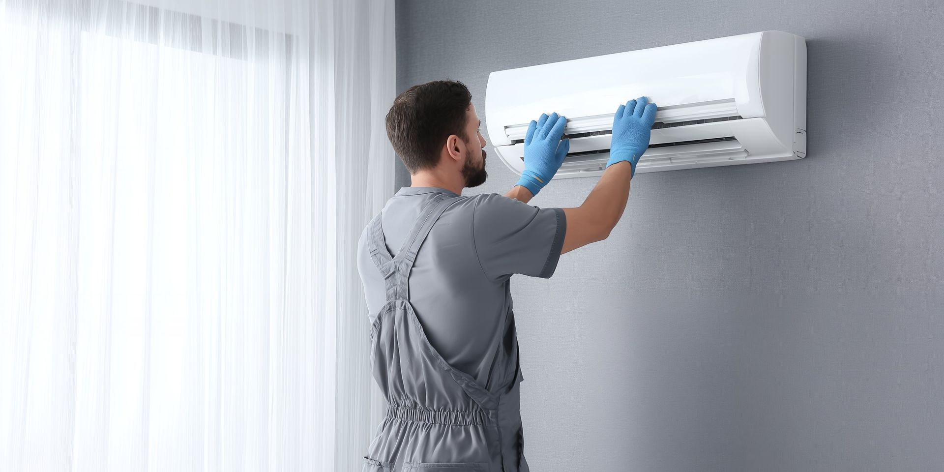 Technician in blue gloves cleaning a wall-mounted air conditioner indoors