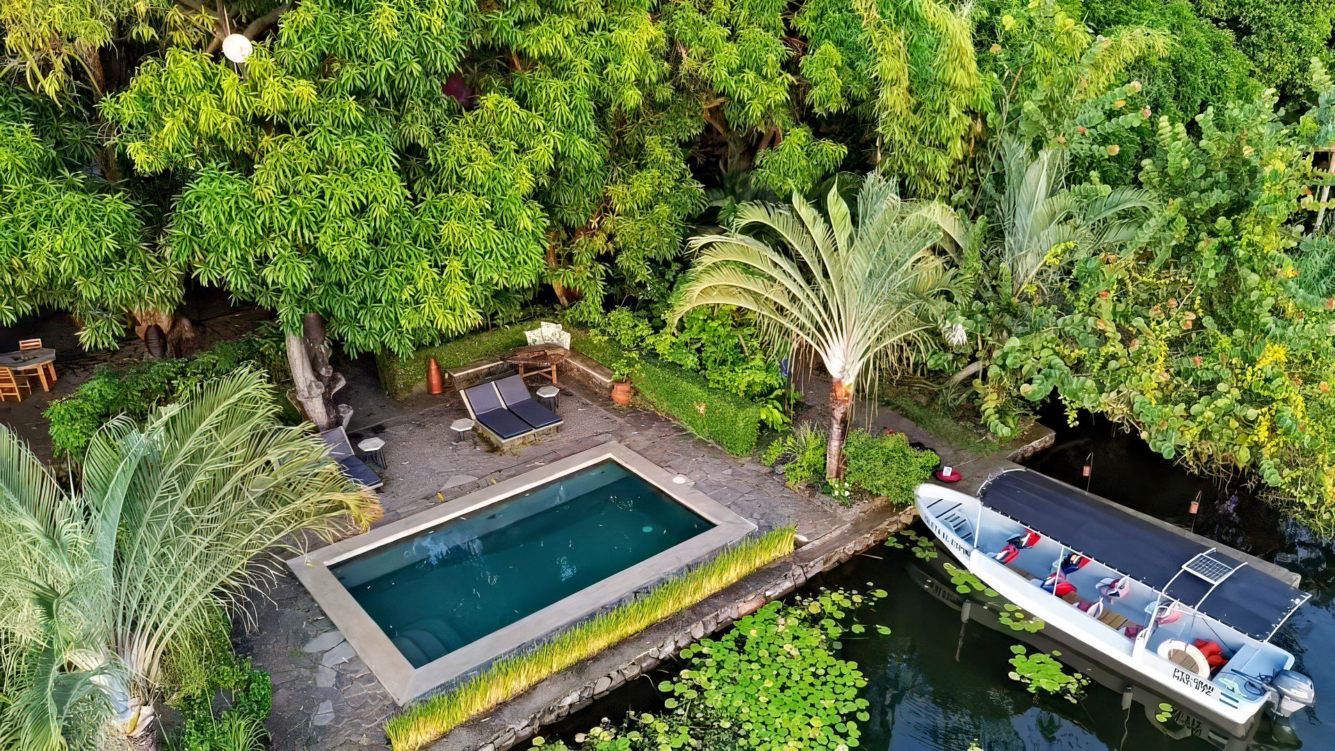 Pool and boat surrounded by lush green foliage.