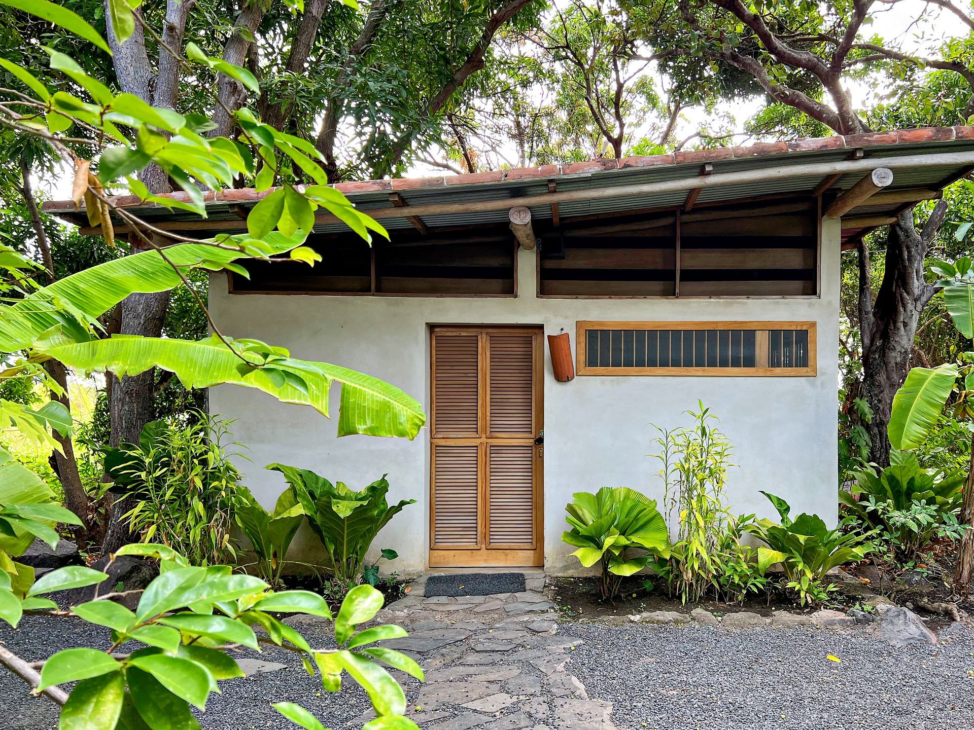 Small, white, rustic building with wooden door and window, surrounded by lush green plants and trees.