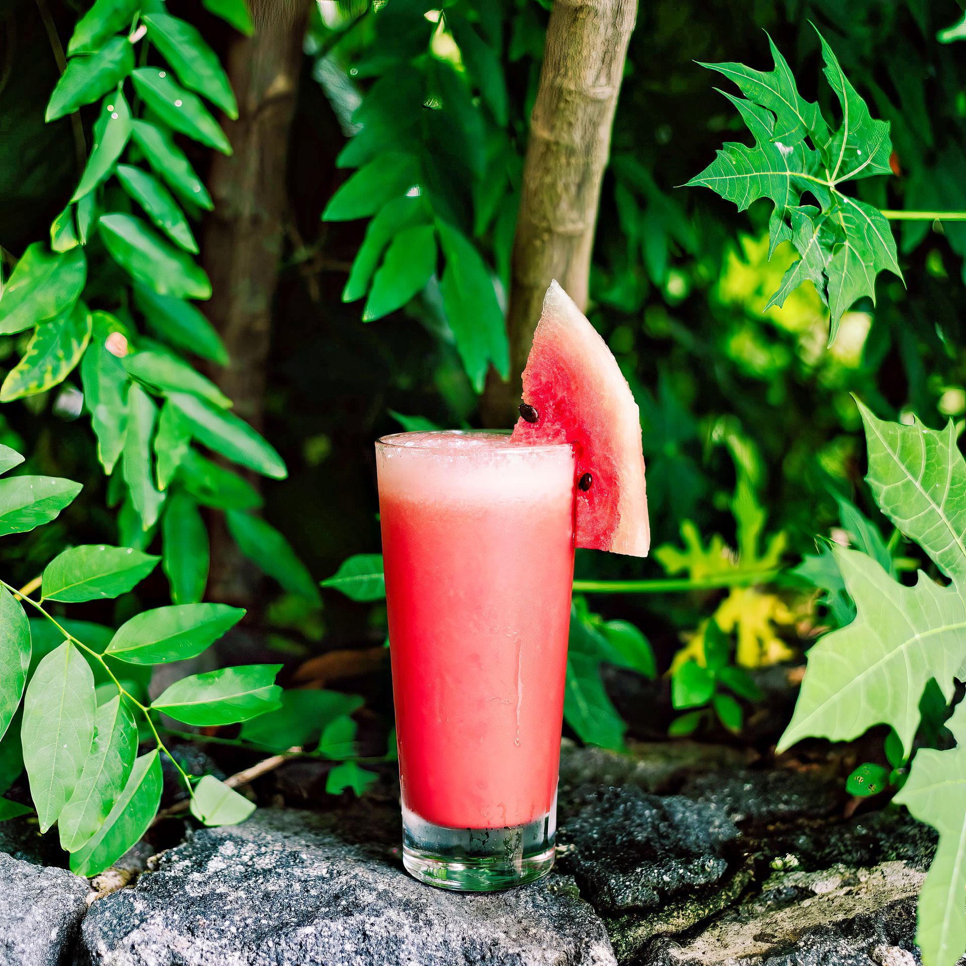Watermelon juice in a glass, garnished with a slice, set against lush green foliage.