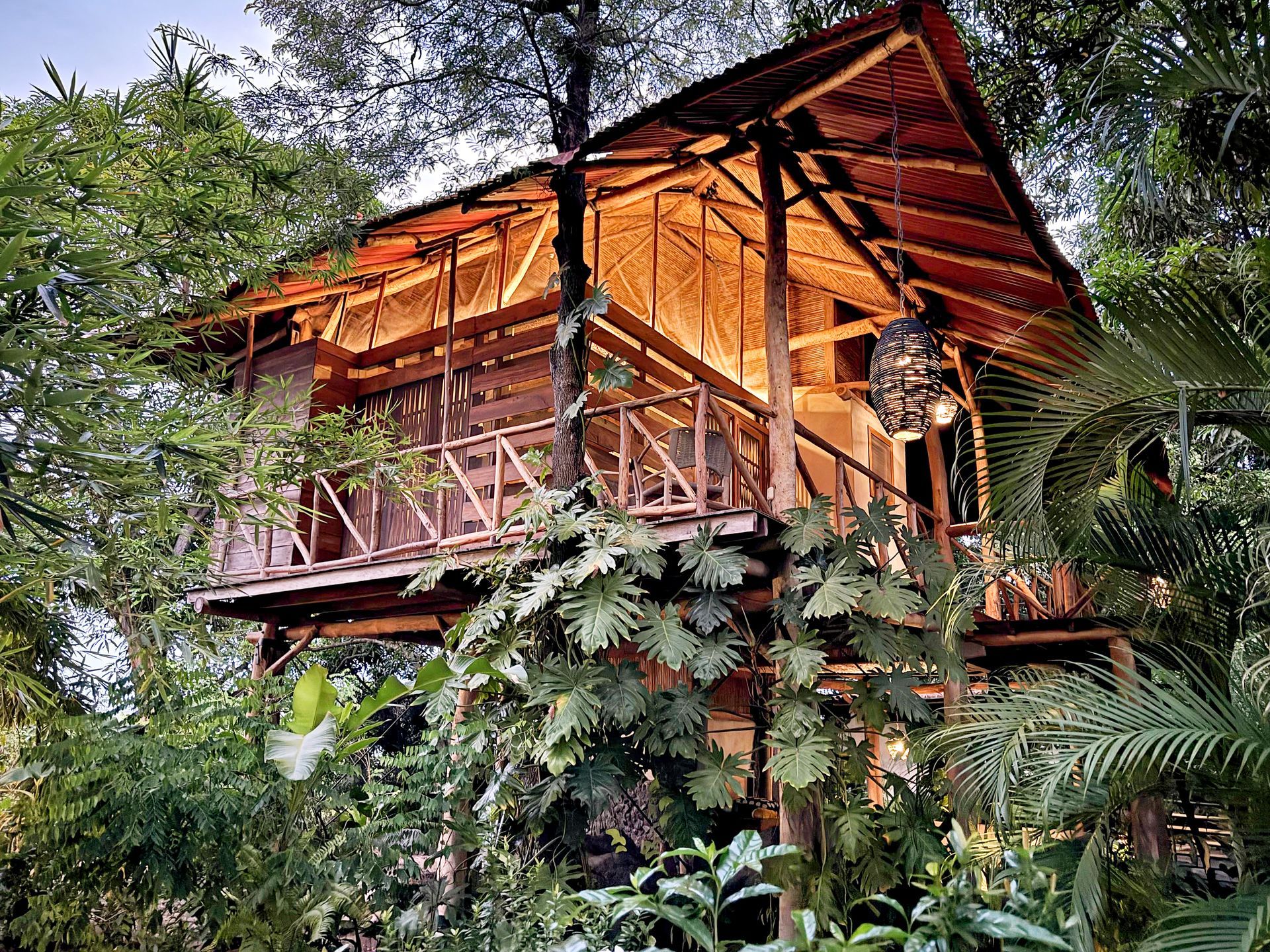 Wooden treehouse nestled in lush greenery, with warm interior lighting visible.