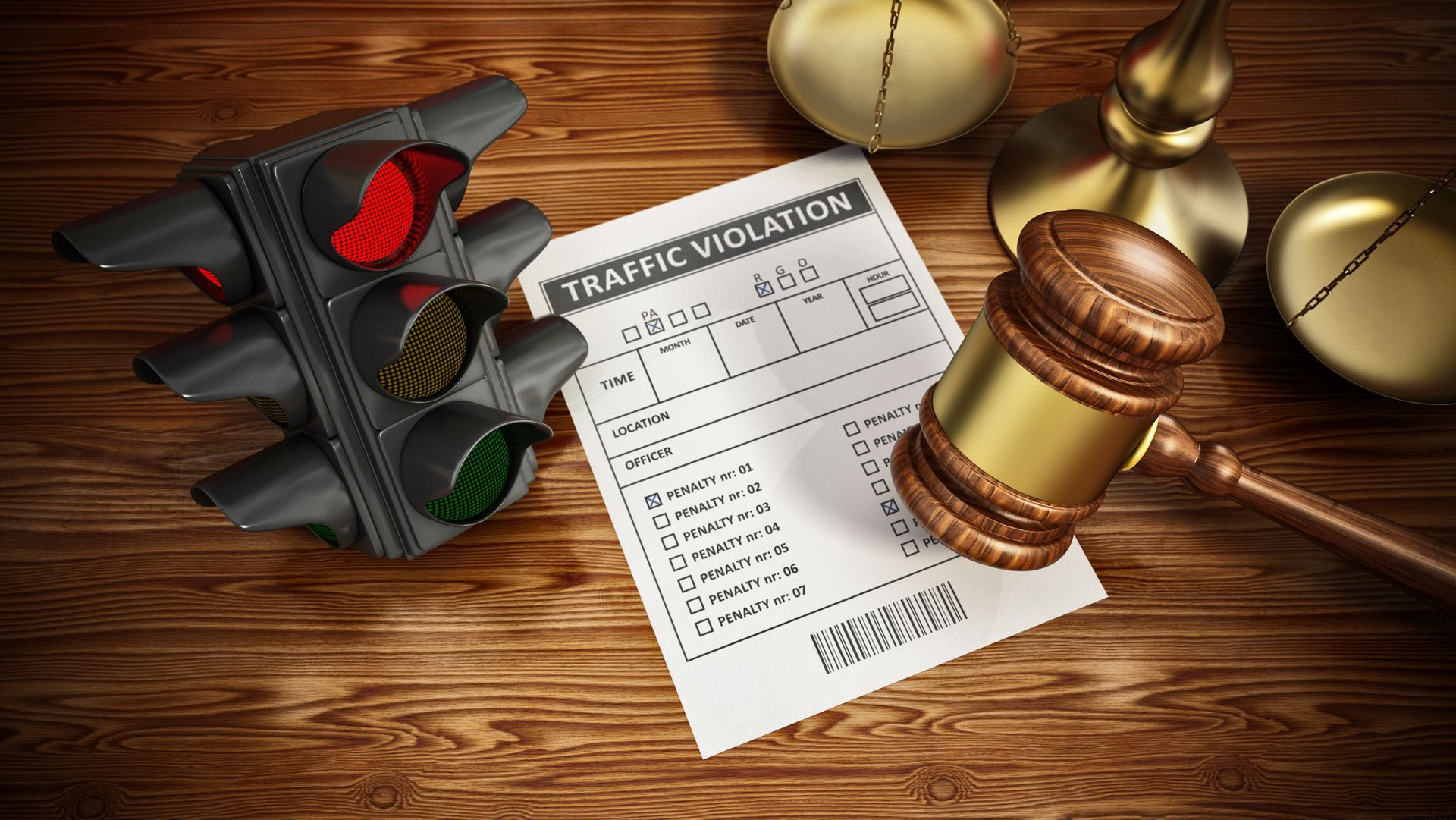 Traffic ticket, gavel, justice scales, and traffic light on wooden surface. Traffic ticket, gavel, justice scales, and traffic light on wooden surface.