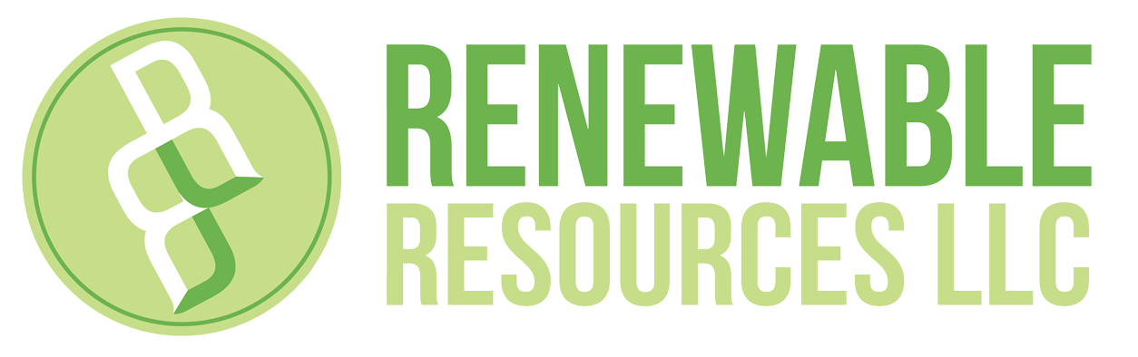 Logo of Renewable Resources LLC, featuring a green circle with an abstract symbol and green text on a white background.