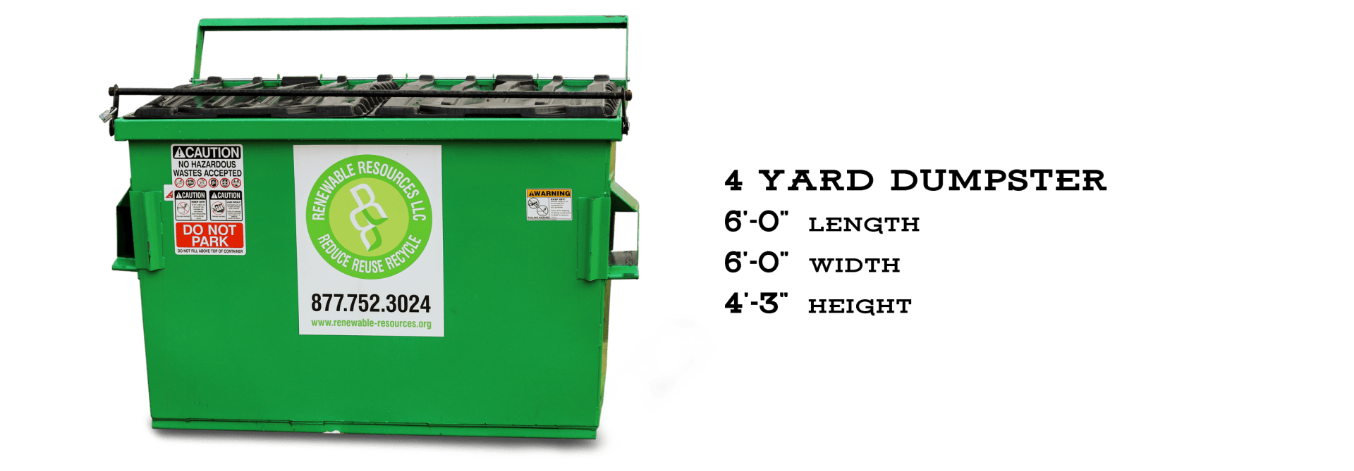 Green 4-yard dumpster with measurements listed on a white background.