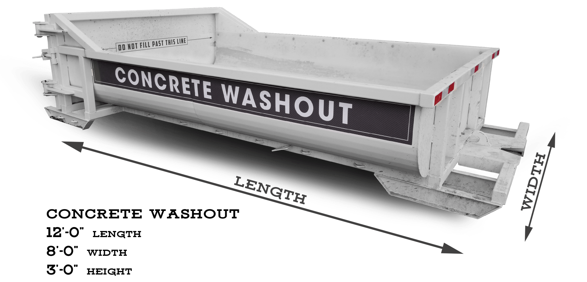 Concrete washout container with dimensions: 18' length, 8' width, and 3' height.