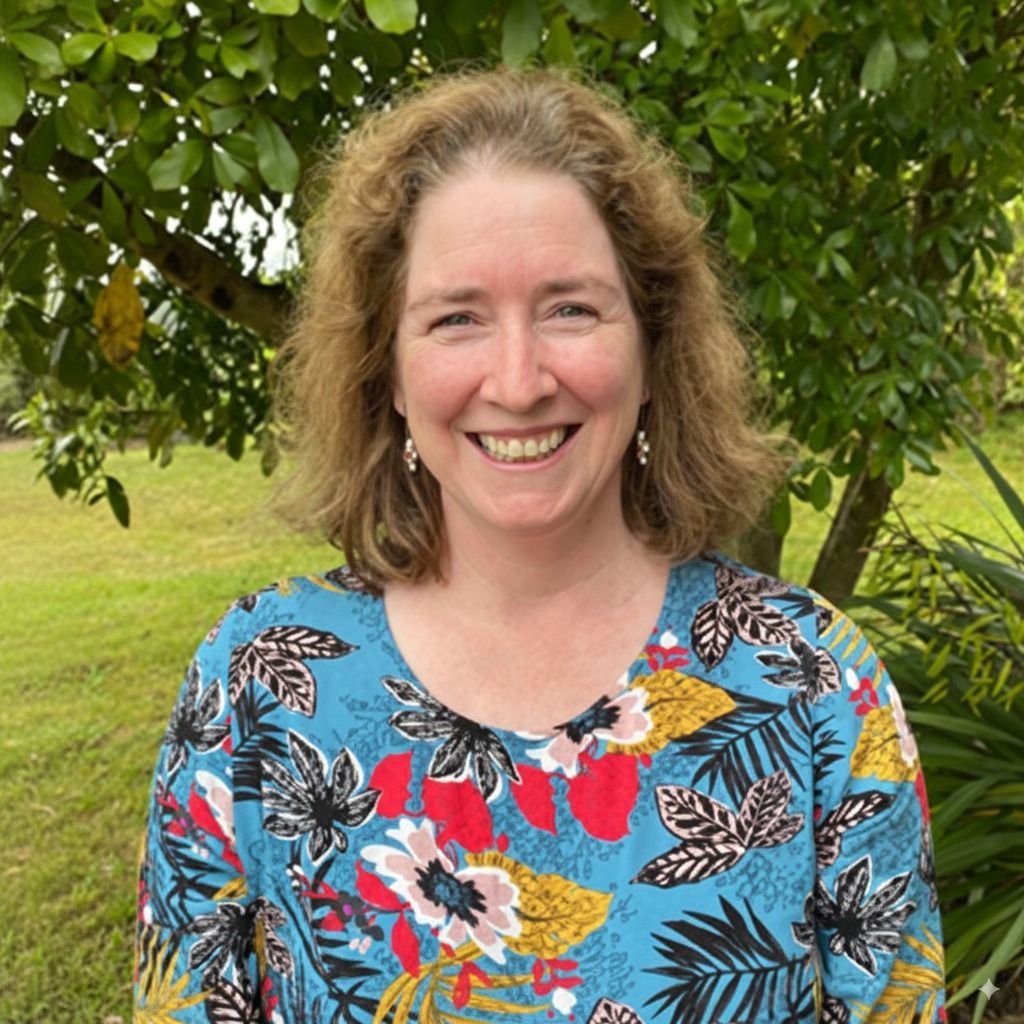 Woman with curly blonde hair smiles at the camera, wearing a blue floral patterned shirt, standing outside.
