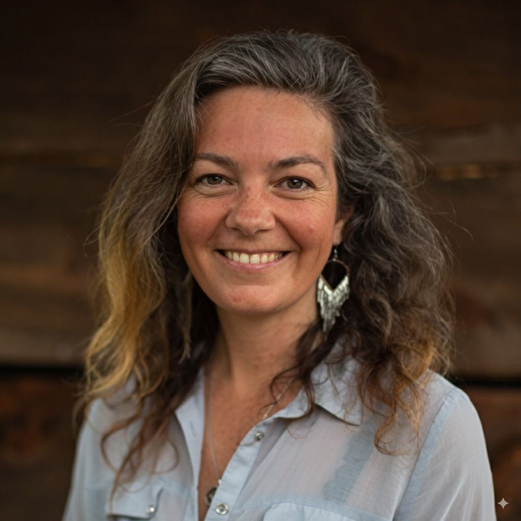 Woman with long curly graying hair, smiling, wearing a blue shirt and silver earrings, outdoors.