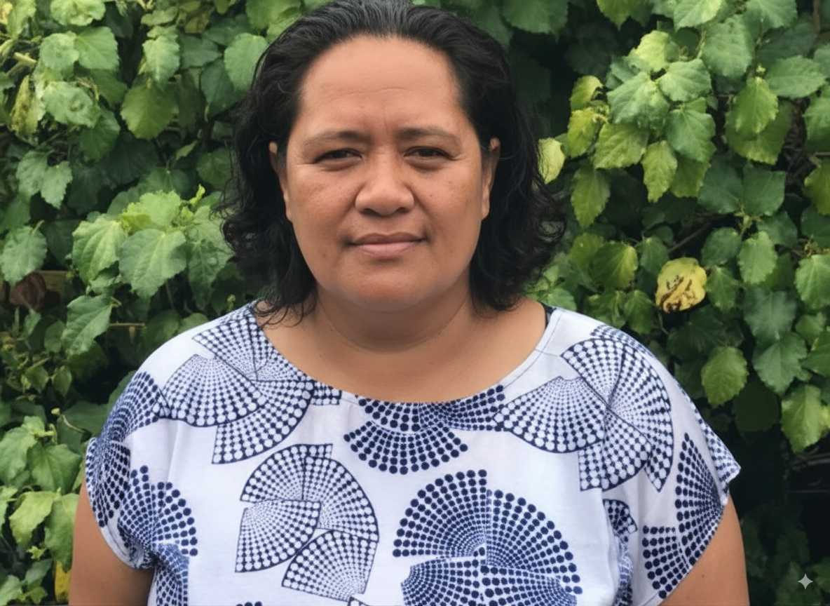 Woman with dark hair, wearing a blue and white patterned shirt, standing in front of green foliage.