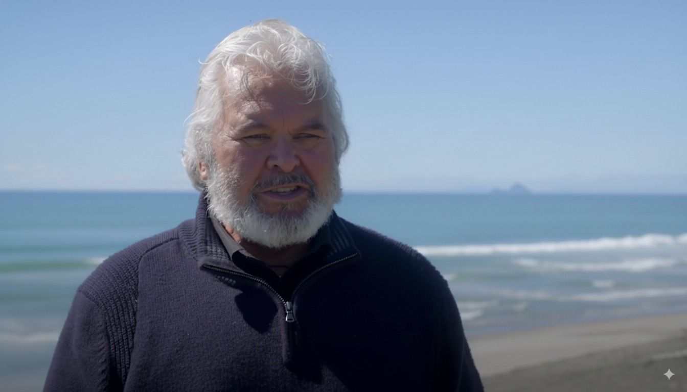 Man with white beard and blue sweater stands on beach, ocean in background.