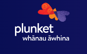 Plunket logo: blue background with three heart shapes (red, orange, purple). "Plunket whānau āwhina" text below.