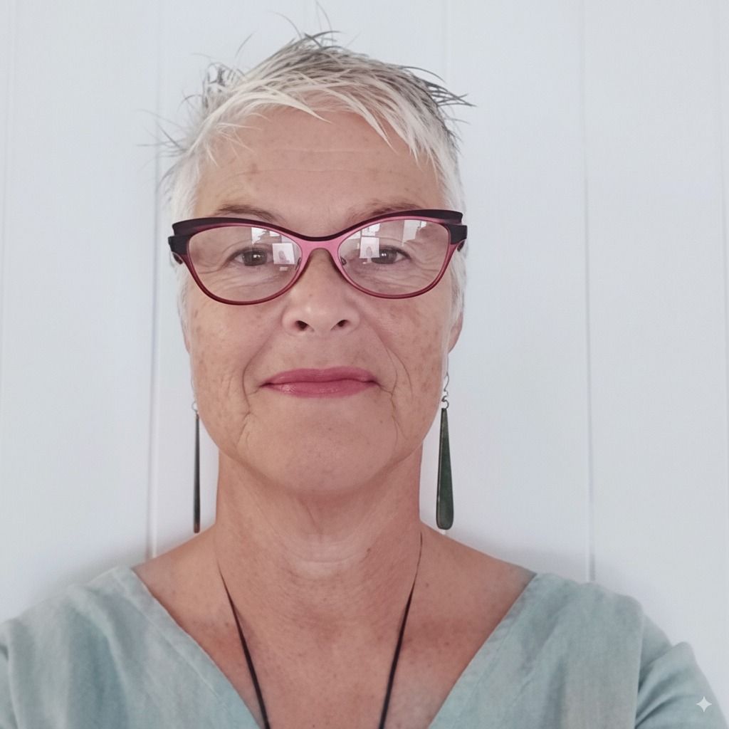 Woman with short gray hair and glasses, wearing a light blue top, looking at the camera.