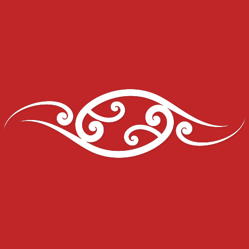 White swirling pattern on a red background.