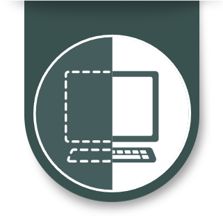 Computer icon: dotted outline on the left, solid on the right, within a green circle.