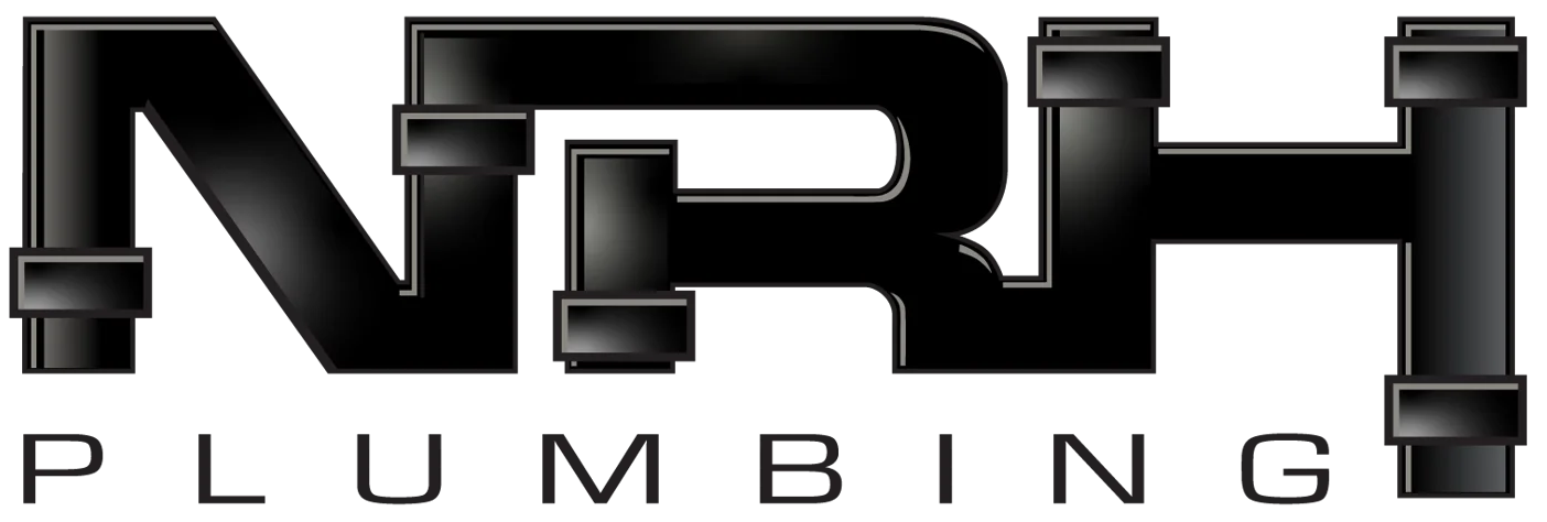 NRH Plumbing logo: black stylized letters with pipe fittings, "PLUMBING" below.
