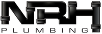 NRH Plumbing logo: black stylized letters with pipe fittings, "PLUMBING" below.