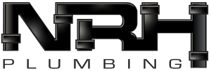 NRH Plumbing logo: black stylized letters with pipe fittings, "PLUMBING" below.