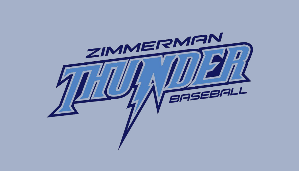 Zimmerman Thunder Baseball logo on a light blue background. Features blue and white text with a lightning bolt.