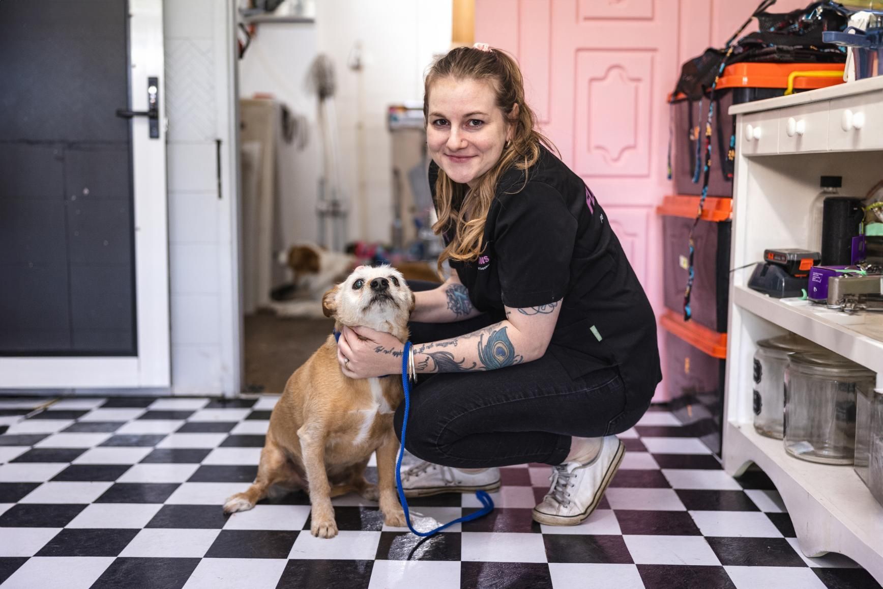A Woman is Kneeling Down Next to a Dog on a Checkered Floor — Fluffy Paws Pet Grooming In Nabiac, NSW