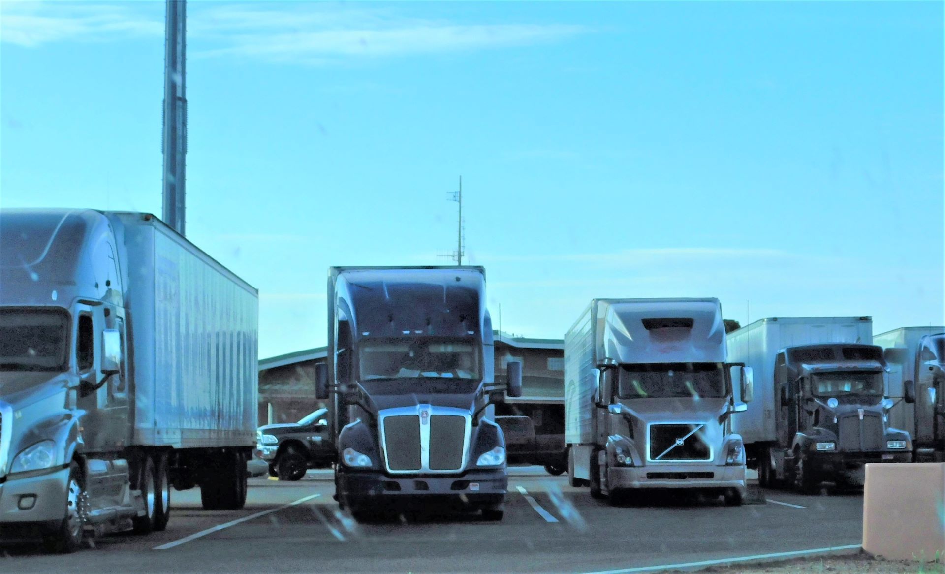 Semi-trucks parked in a lot under a clear, blue sky.
