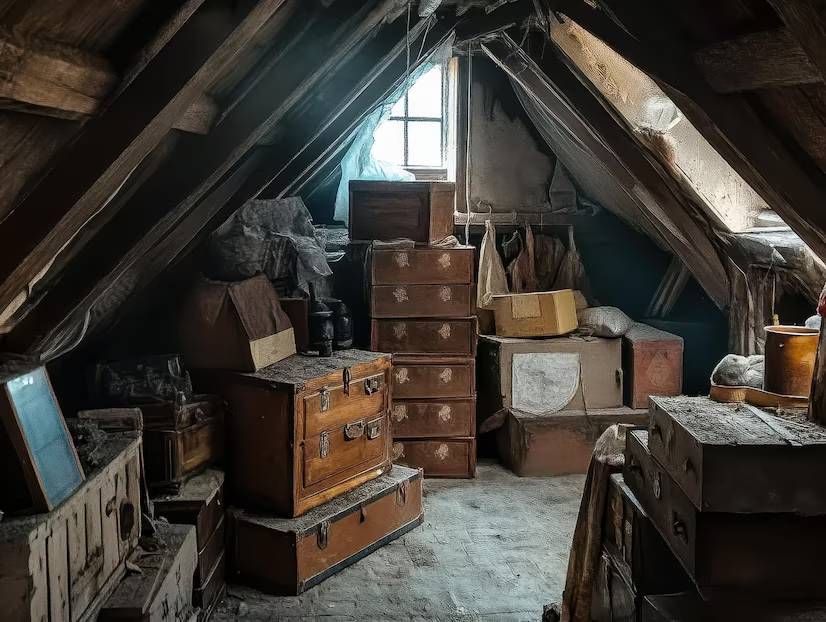 attic with dusty items