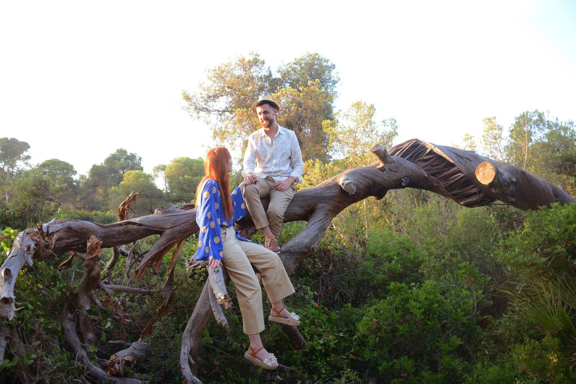 Fotógrafo en Valencia capturando la sesión preboda. Novios aventureros subidos en un árbol, disfrutando de un momento especial en su sesión de fotos previa a su boda.