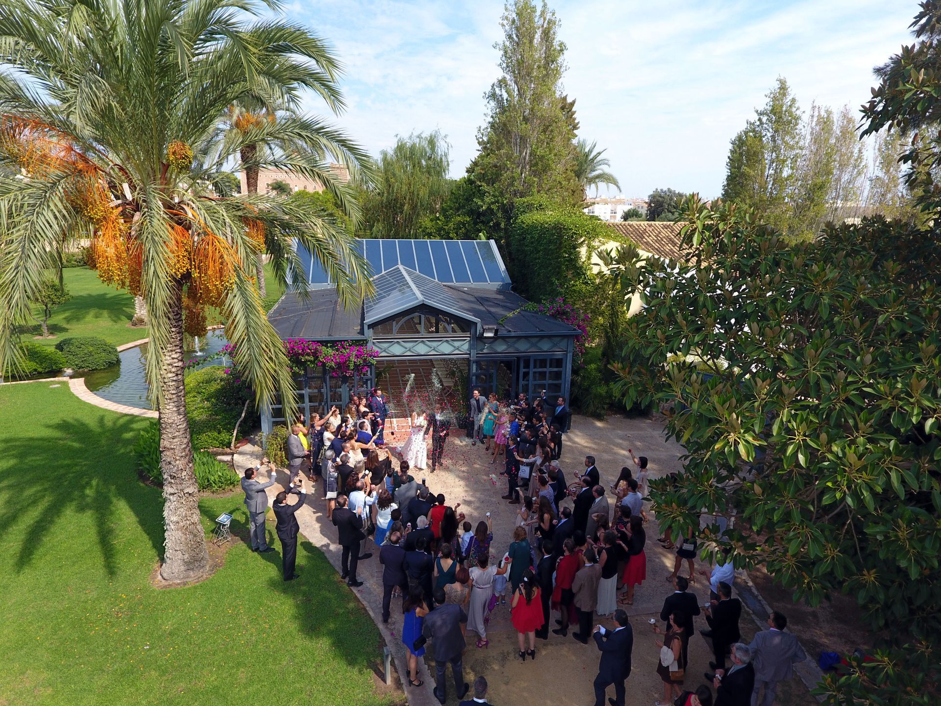 Fotógrafo de bodas en Valencia capturando con dron la salida de la ceremonia civil de los recién casados en el Huerto de Santa María de El Puig en Valencia, España. 