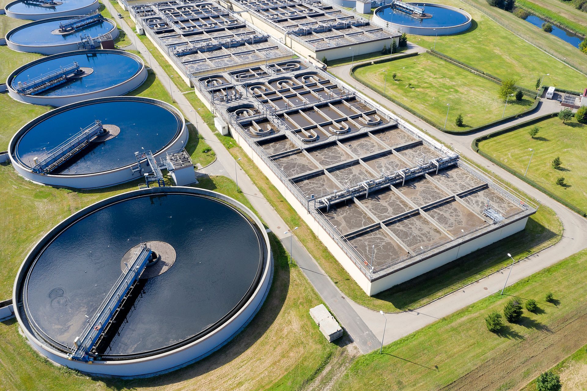 An aerial view of a large water treatment plant
