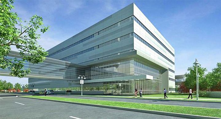 An artist 's impression of a large building with people walking in front of it.