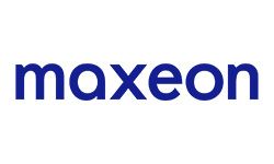 The maxeon logo is blue and white on a white background.
