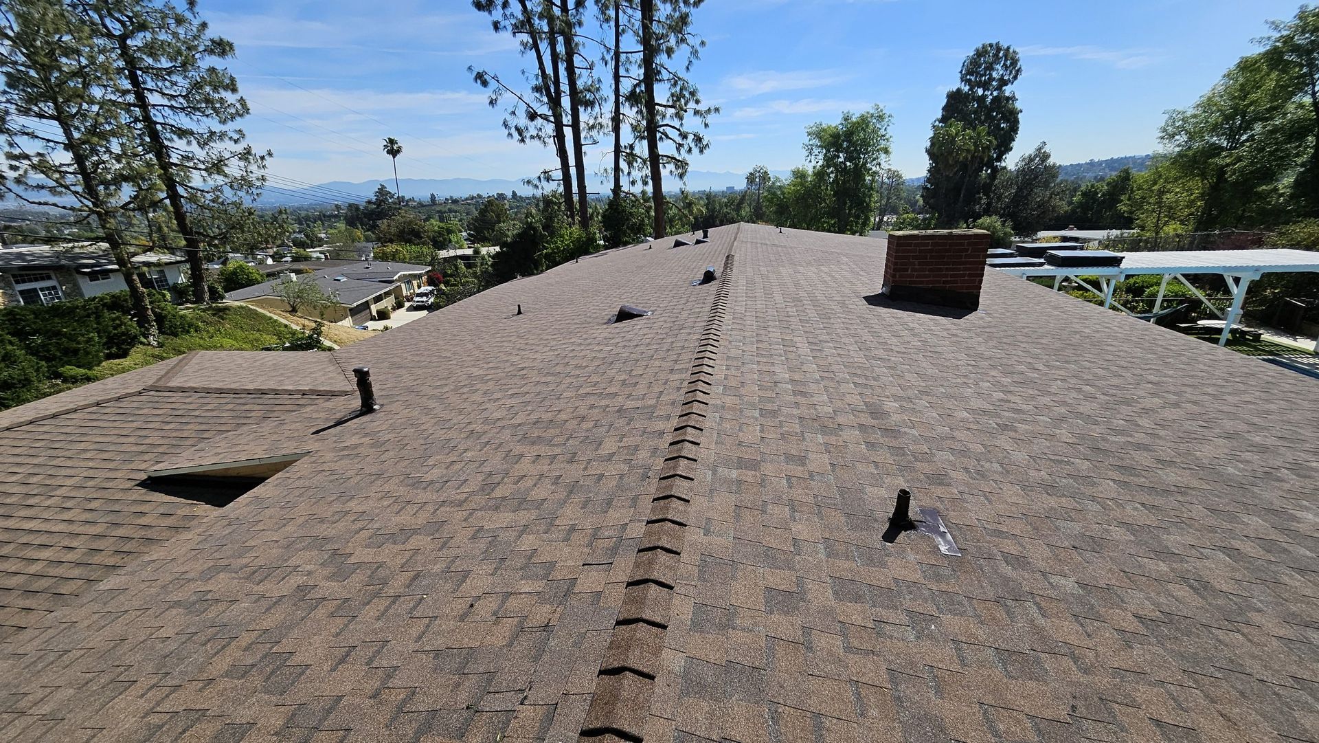 A roof with a chimney and trees in the background
