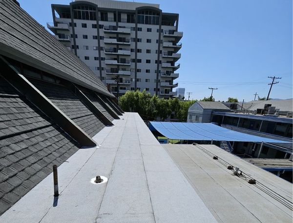 View of rooftops: dark shingles, flat gray, blue tarp, tall apartment building in the background, sunny day.