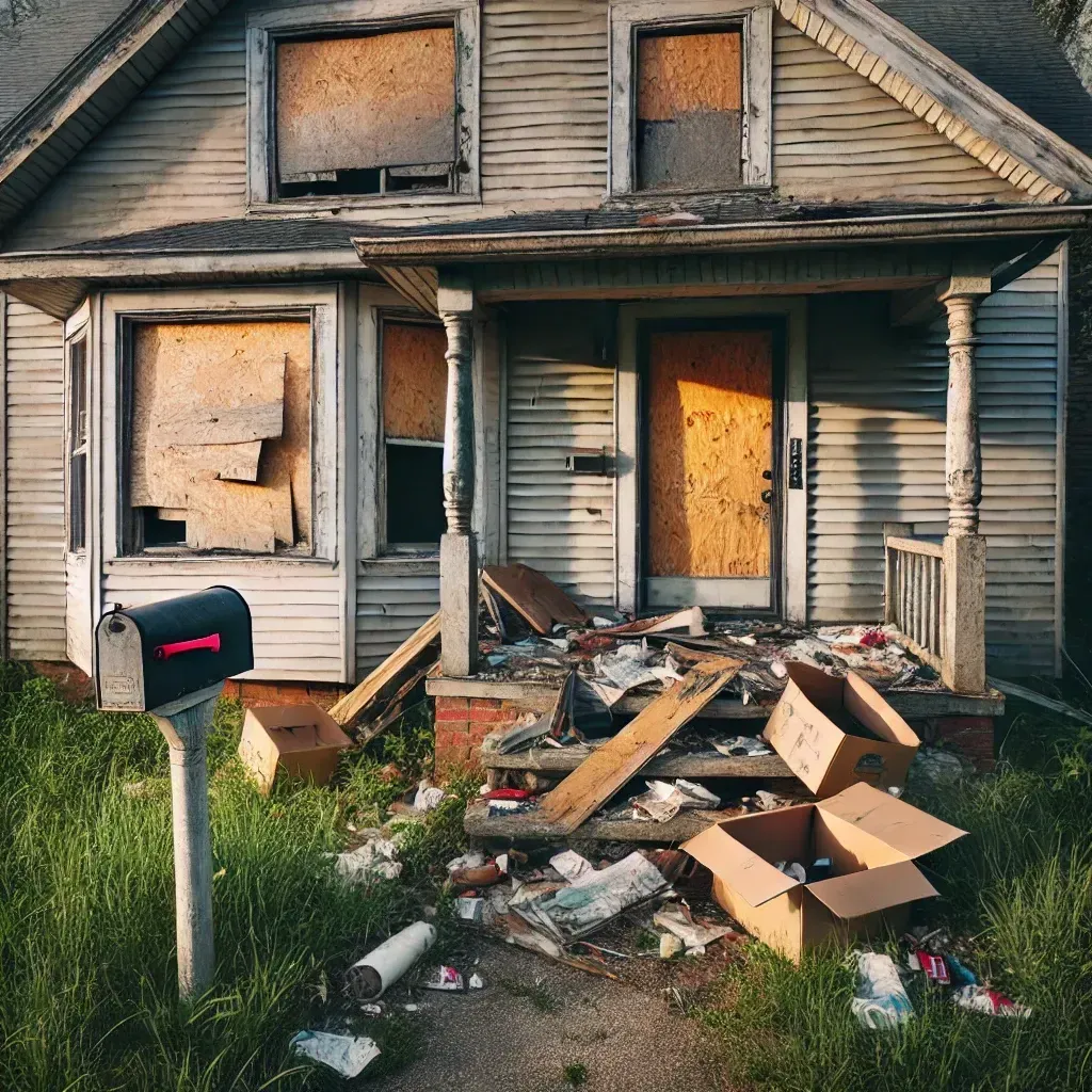 distressed house with garbage in the yard