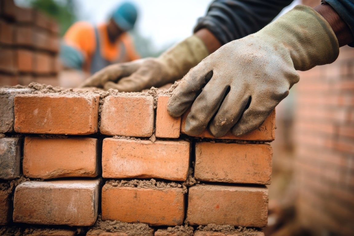 A man is laying bricks on top of a pile of bricks.
