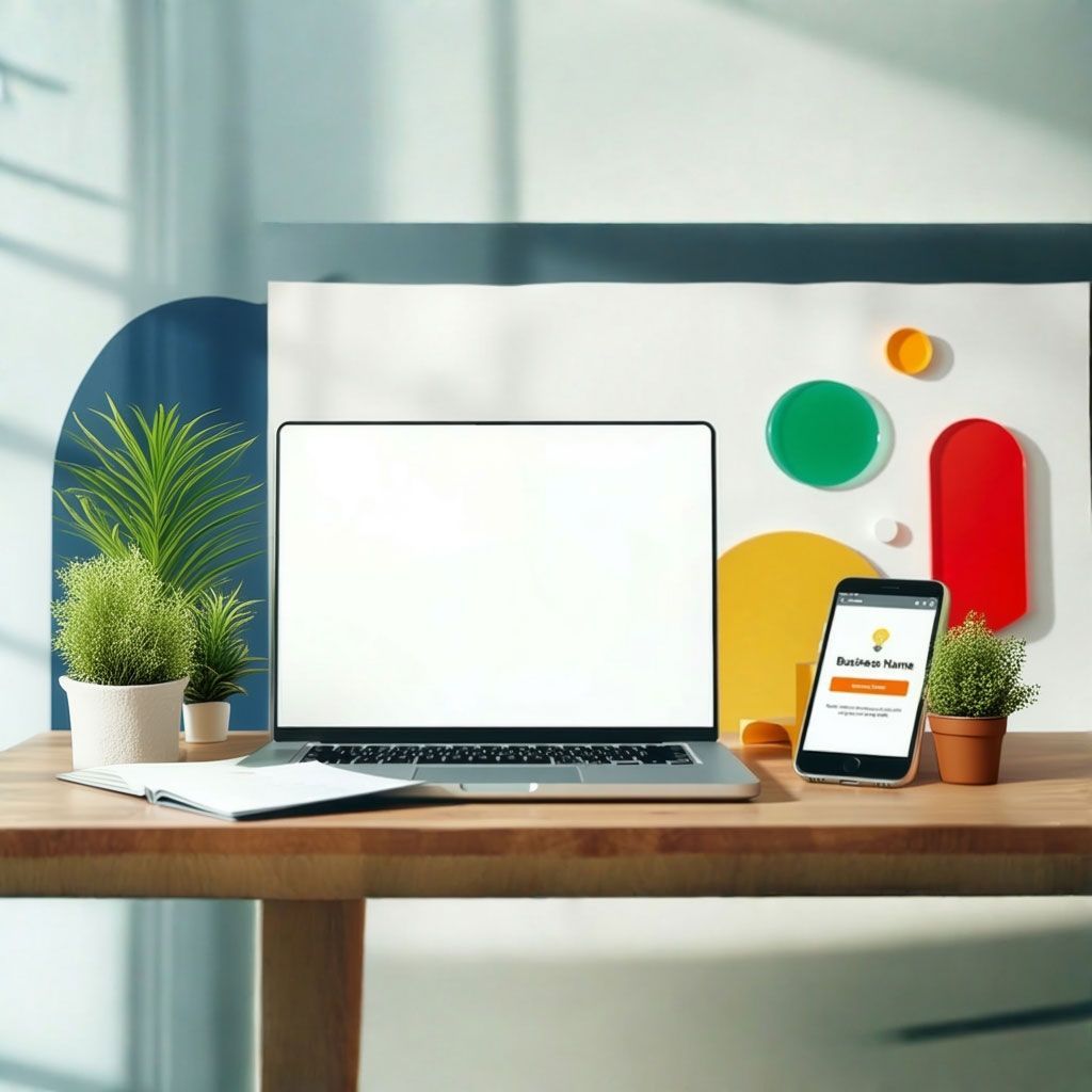 A laptop computer is sitting on a wooden desk next to a cell phone and potted plants.