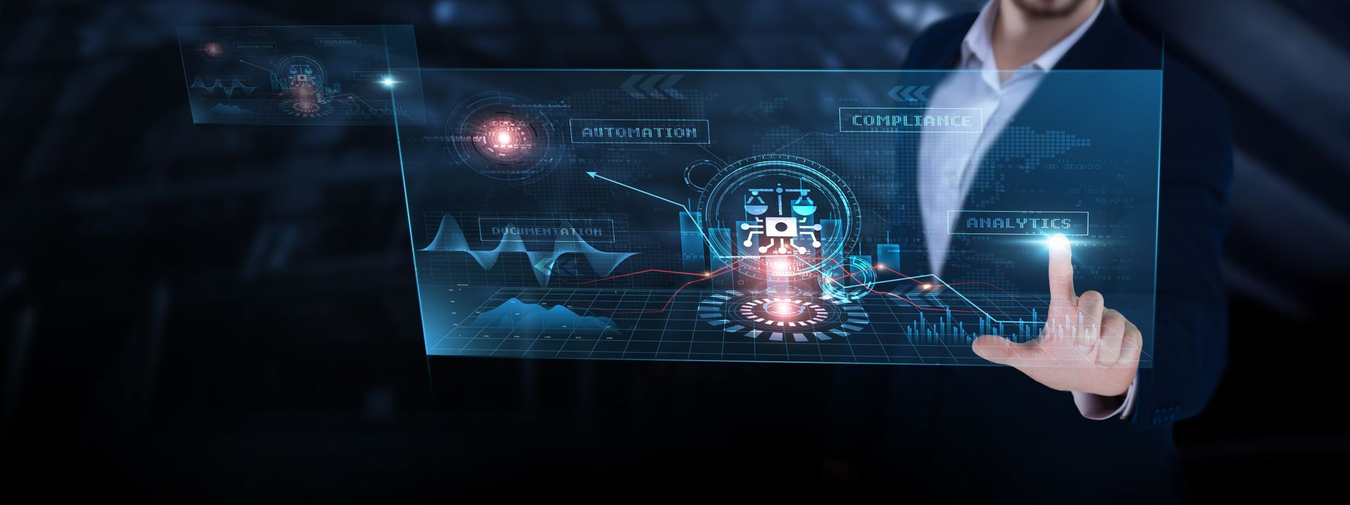 Person interacts with futuristic interface showing analytics, automation, and compliance tools.