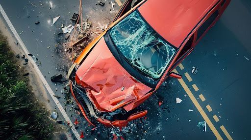 A red car with a broken windshield is sitting on the side of a road.