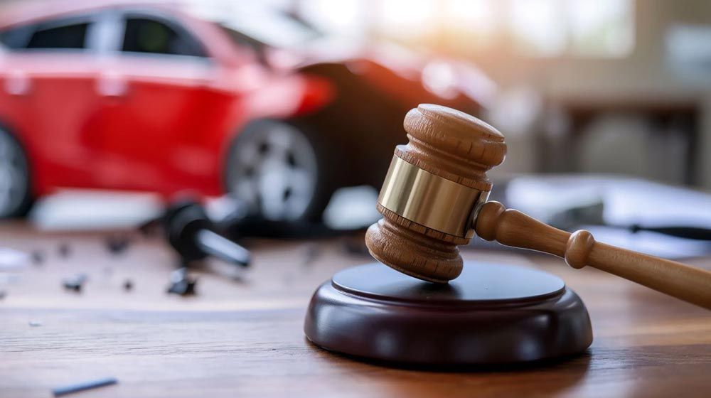 a gavel resting on a stand in front of a broken red car