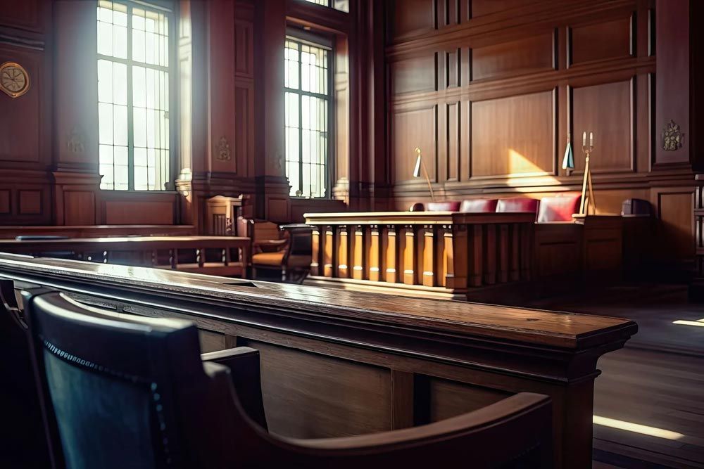 a courtroom with sunlight shining through the windows