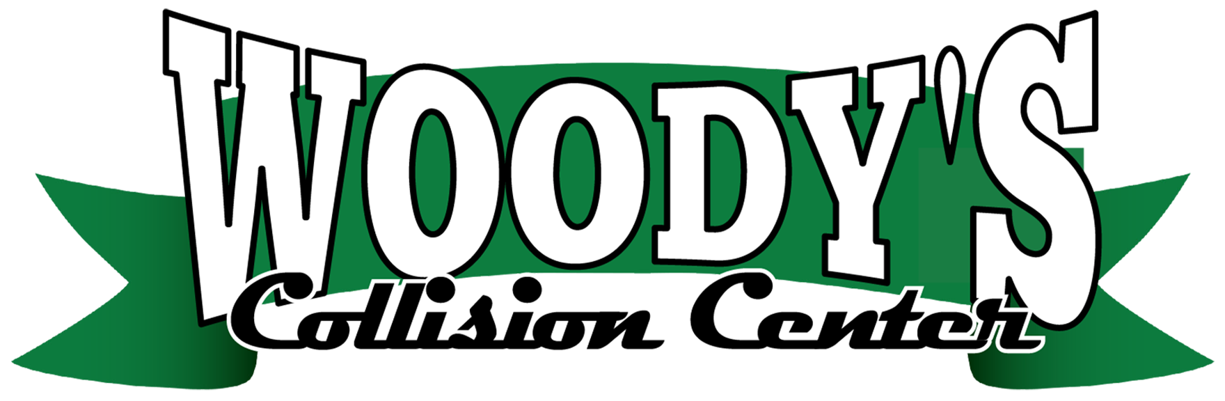 The logo for woody 's collision center is green and white.