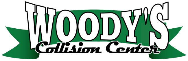 The logo for woody 's collision center is green and white.