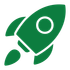 A green rocket with a white circle in the middle is flying through the air.