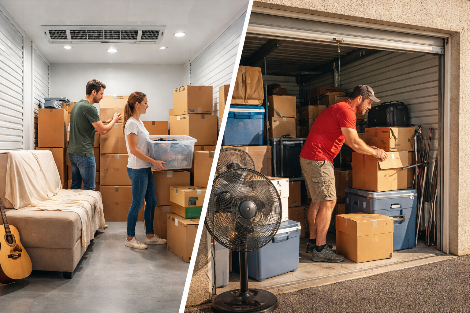 A split image showing people organizing items in two different storage units filled with cardboard boxes and furniture.