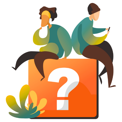 Two people sit back-to-back on a question mark cube, using phones. Orange, green, brown.