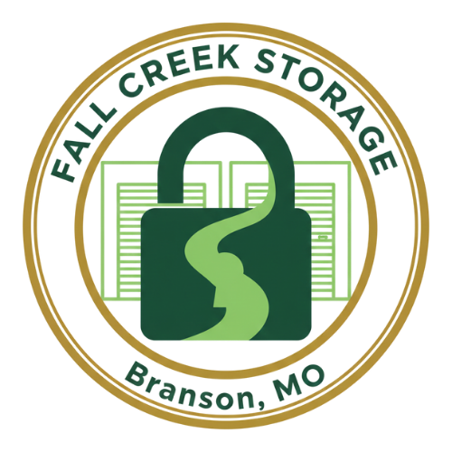 Fall Creek Storage logo: green padlock with river, tan and green circle, text 