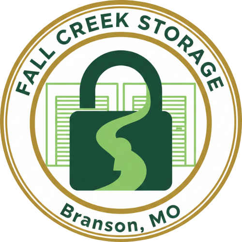 Fall Creek Storage logo: Green lock with river design, gold outline, text 