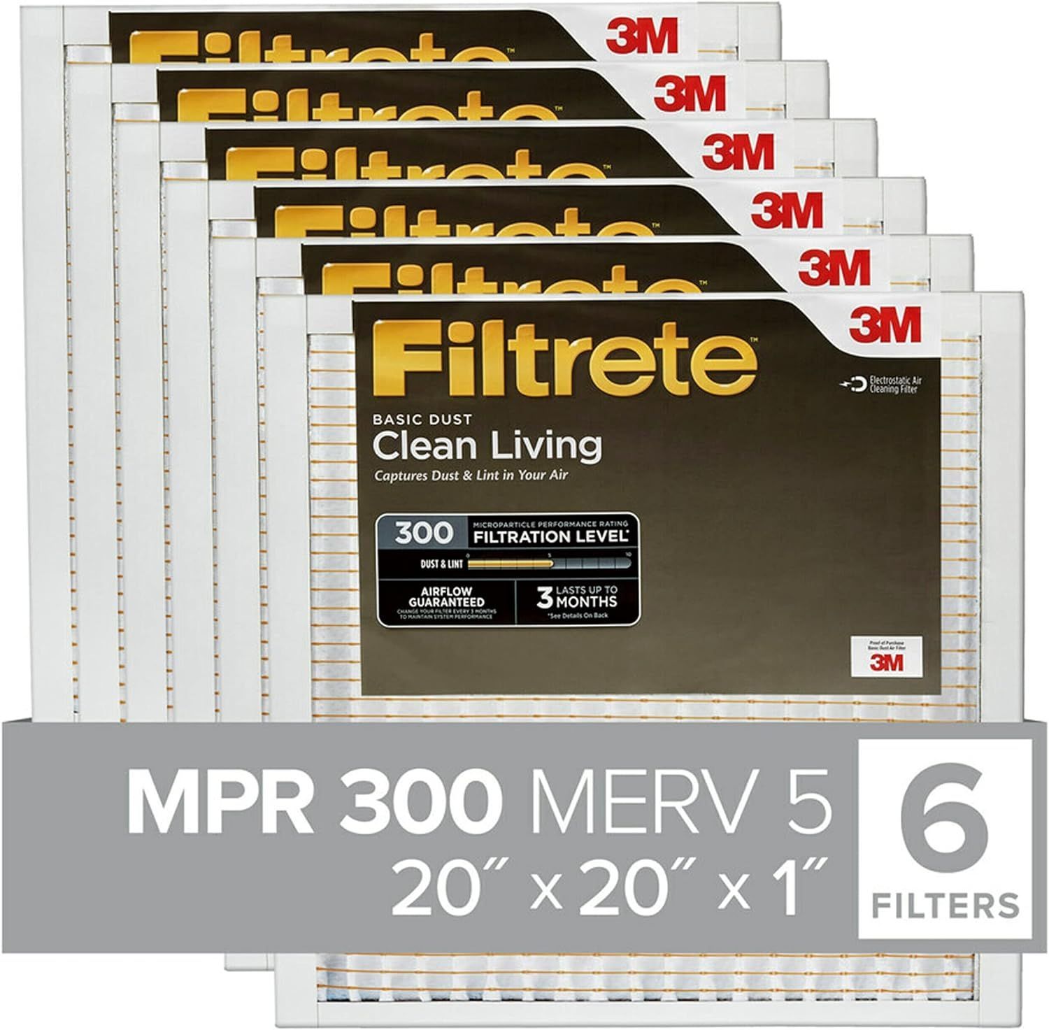 Filtrete 20x20x1 Air Filter, MPR 300, MERV 5, Clean Living Basic Dust 3-Month Pleated 1-Inch Air Filters, 6 Filters